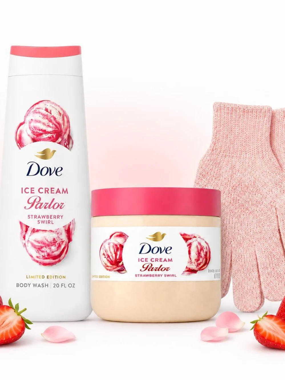 Dove Strawberry Swirl Body Wash & Scrub Set With Bath Gloves